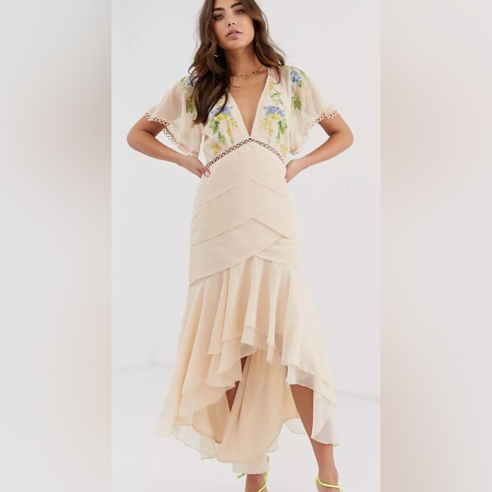 ASOS Blush Hi-Lo Chiffon Floral Embroidered Dress